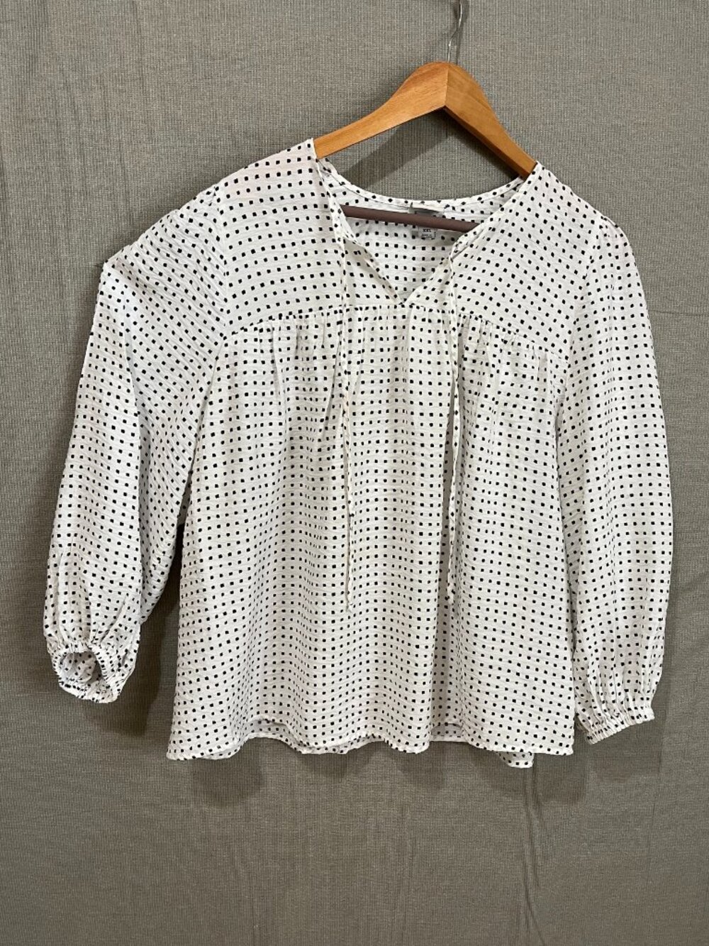 A New Day V-Neck Peasant Blouse/ Boho Top White Black Square Dot Print Sz XXL